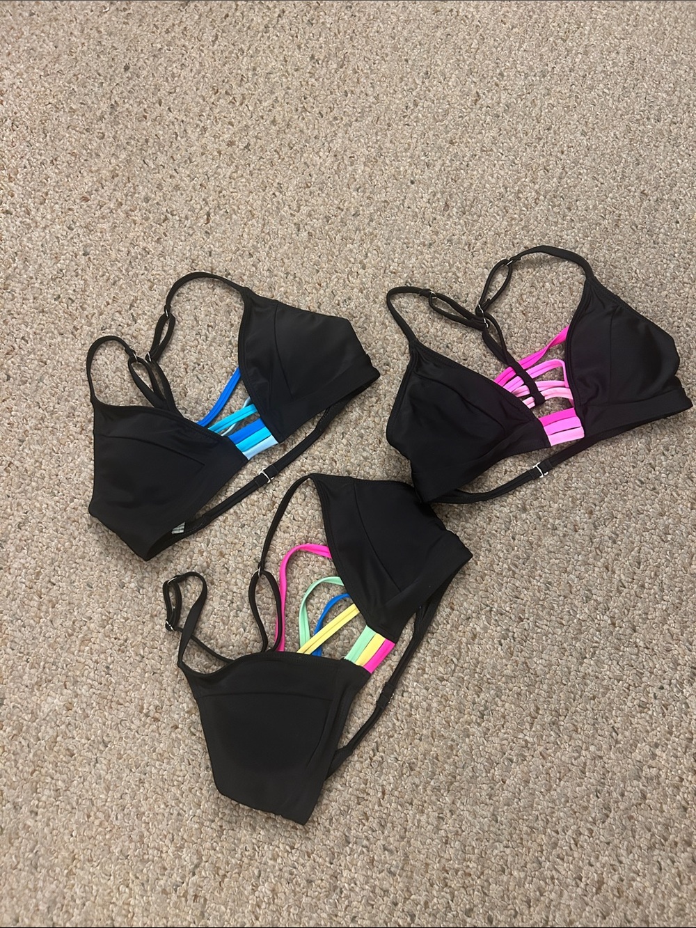 Black Strappy Bikini Tops with Neon Accent Bands